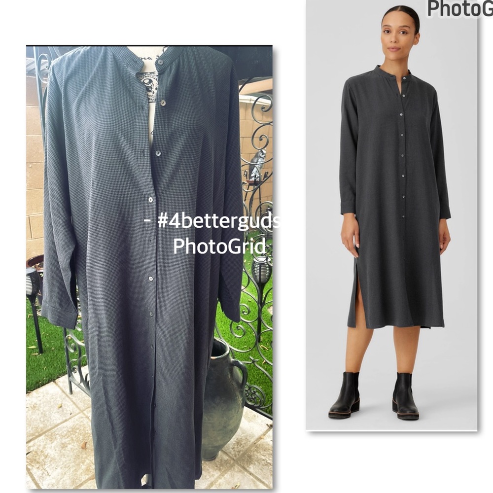 Eileen Fisher Mini Check Crepe Mandarin Collar Long Sleeve Shirt Dress LG L/G - Picture 8 of 16